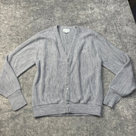 Izod Cardigan Sweater Mens L Gray Button Up USA VTG Grandpa Grunge V Neck Knit - Picture 1 of 8